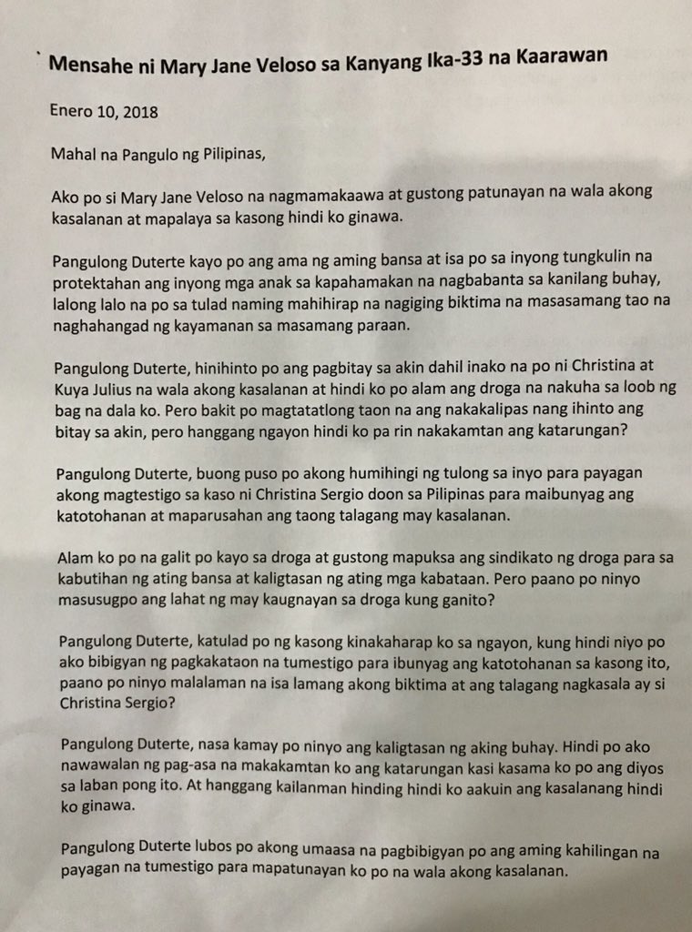 Mary Jane Veloso Pleads To Pres Duterte On Her Birthday Philippine Association Of Service