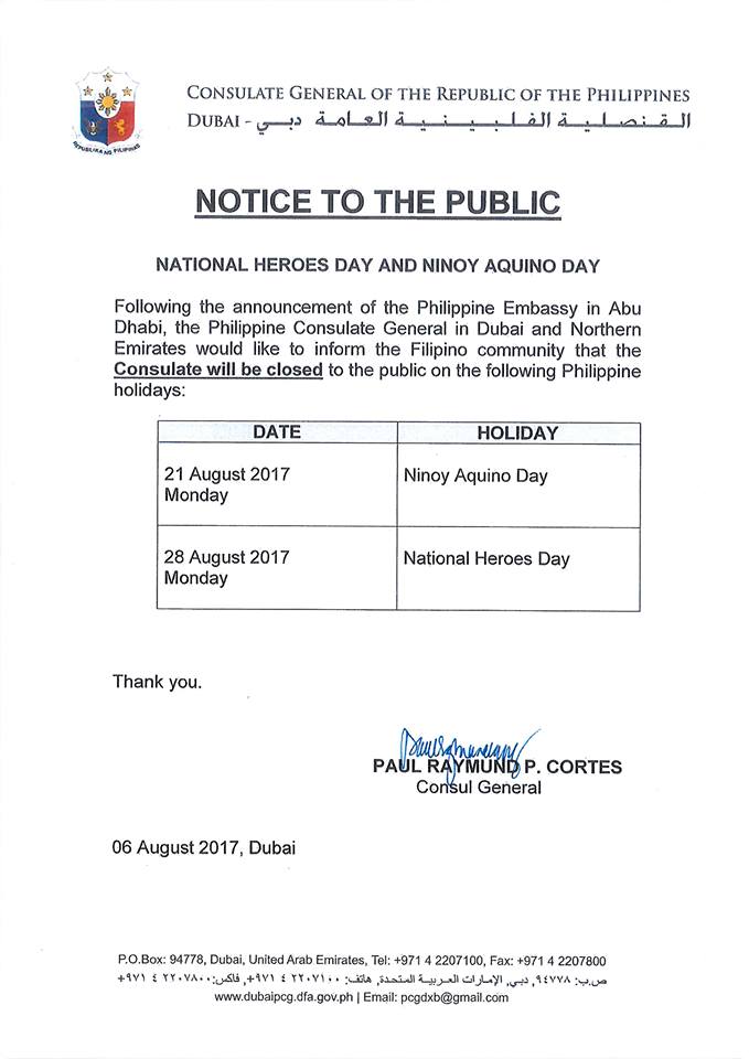 PH embassy, consulate in UAE announce office closures 