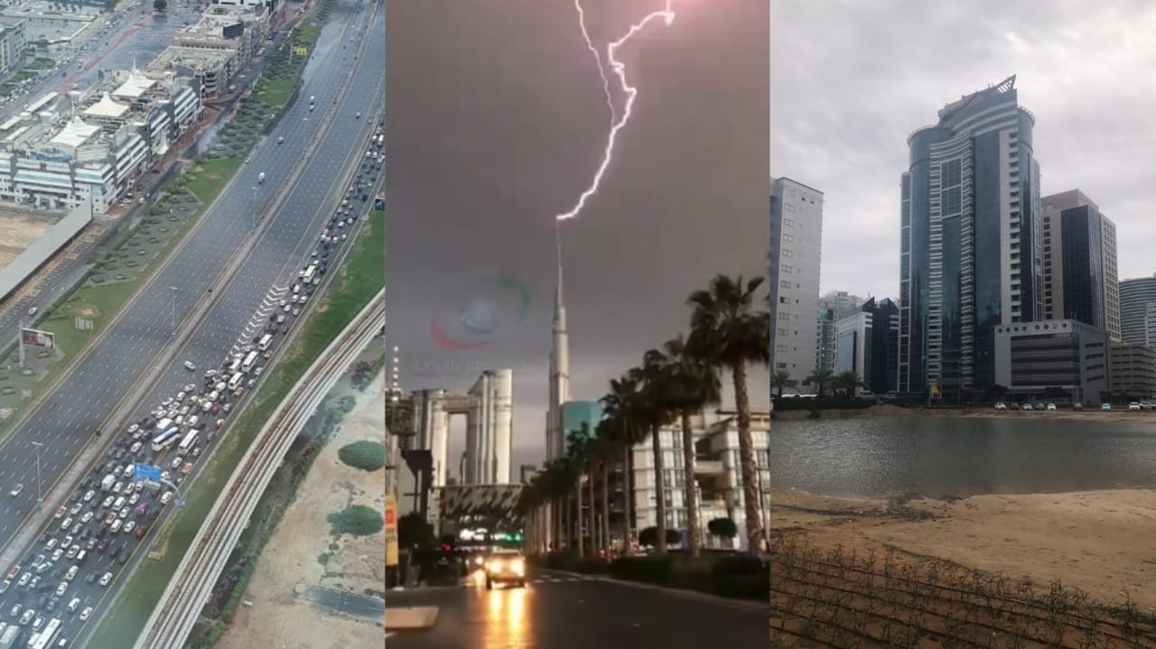 LOOK: Lightning touches tip of Burj Khalifa as rains lead to traffic ...