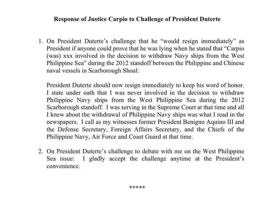 Carpio response 1 duterte debate