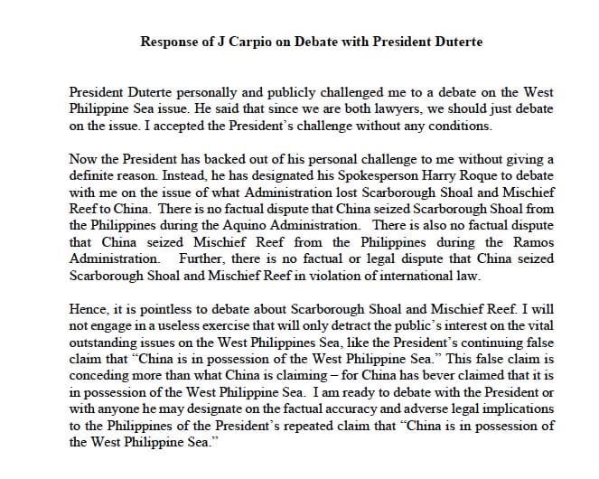 Carpio response 2 duterte debate