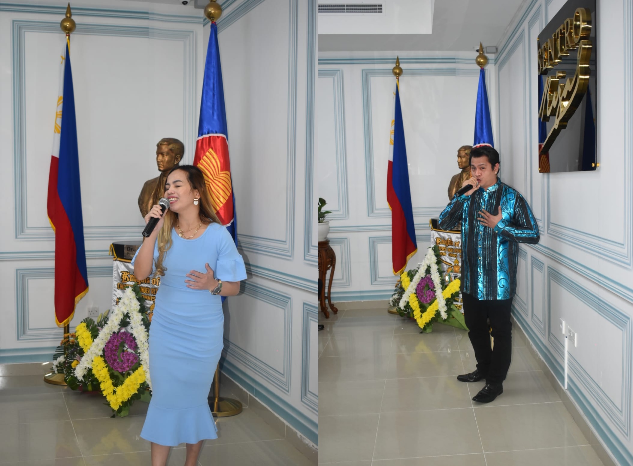 Beverly Lagrosas (left) and Marvin Candol (right) of the Organisasyon ng mga Pilipinong Mang-aawit at Mananayaw sa Abu Dhabi (OPMMAD) gave special performances of Filipino songs for the intermission number.