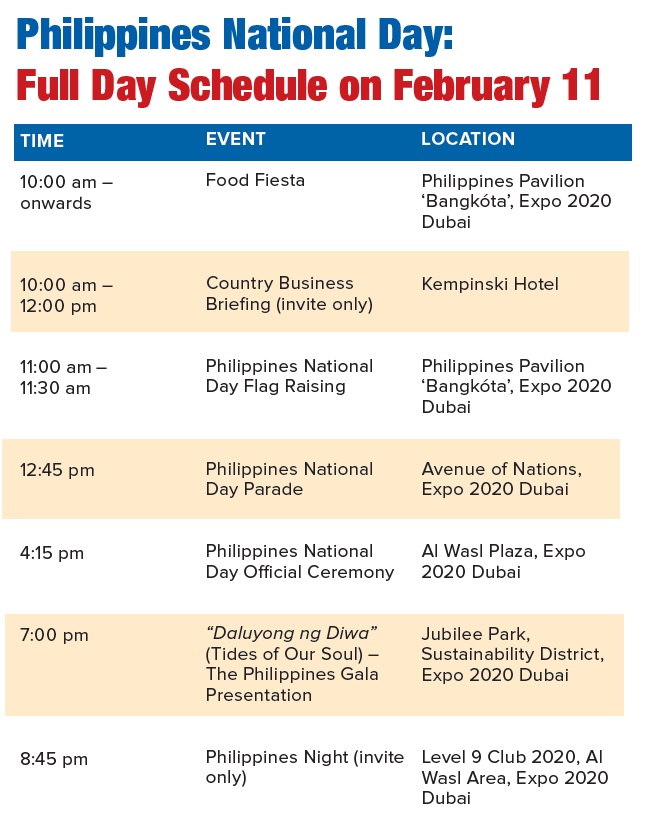 Expo 2020 Dubai Philippines National Day feb 11 schedule