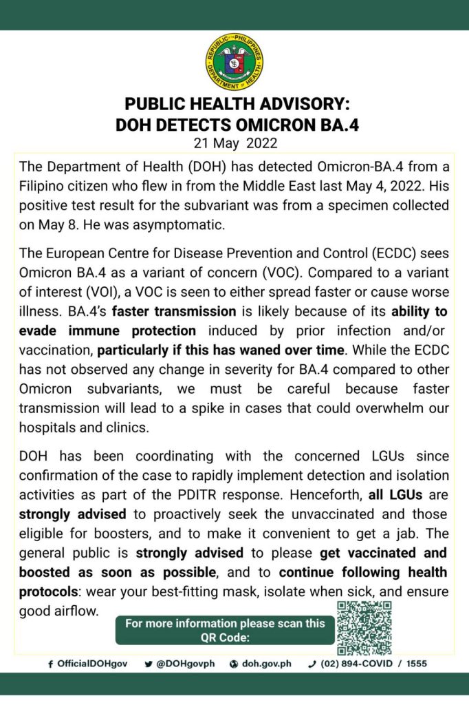 DOH Confirms First Case Of Omicron Sub-variant BA.4 From A Filipino ...