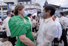 President-elect Ferdinand Marcos, Jr. and Vice President-elect Sara Zimmerman Duterte engage in a discussion during the inauguration of Vice President-elect Duterte as the 15th Vice President of the Philippines at San Pedro Square, Poblacion District in Davao City on June 19, 2022. ACE MORANDANTE/ PRESIDENTIAL PHOTO