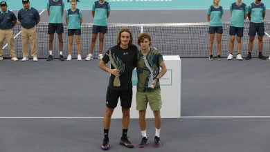 14th Mubadala World Tennis Championship winner Stefanos Tsitsipas and runner up Andrey Rublev