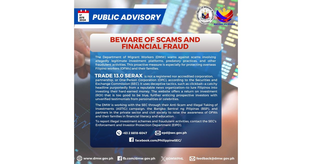 DMW advisory against ofw investment scams